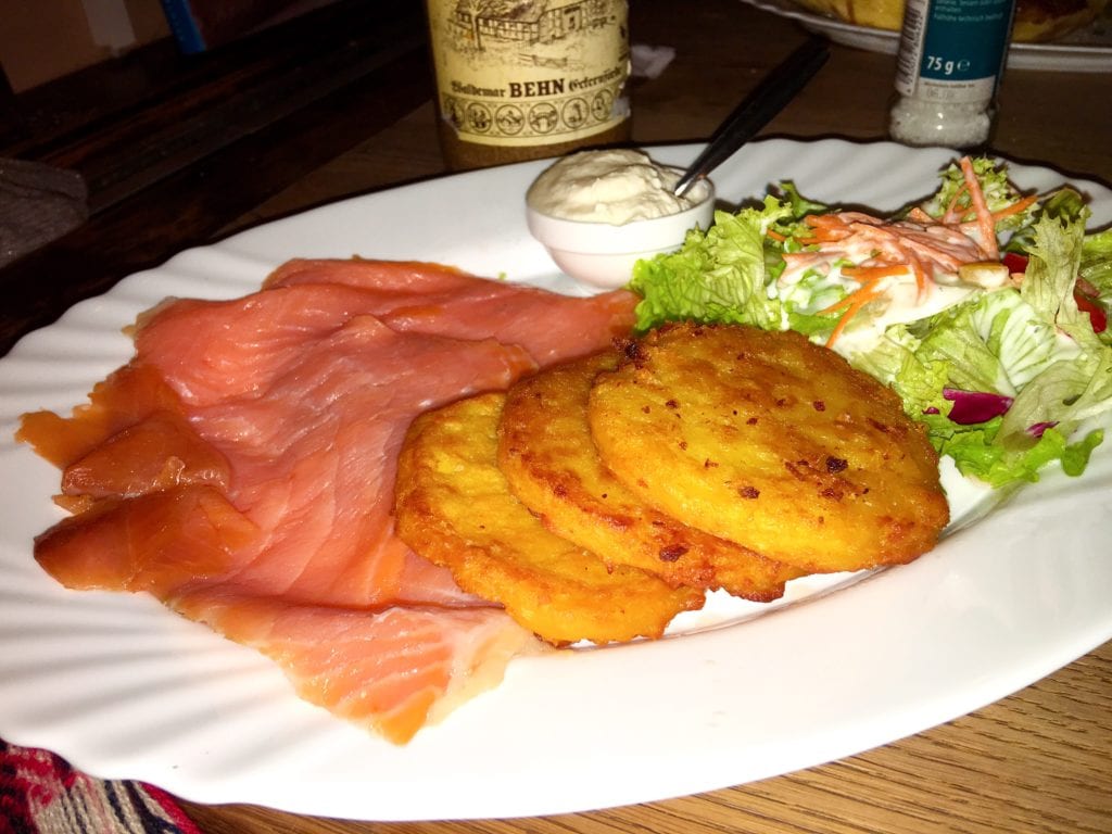 Smoked salmon and potato patties at Kartoffel Keller