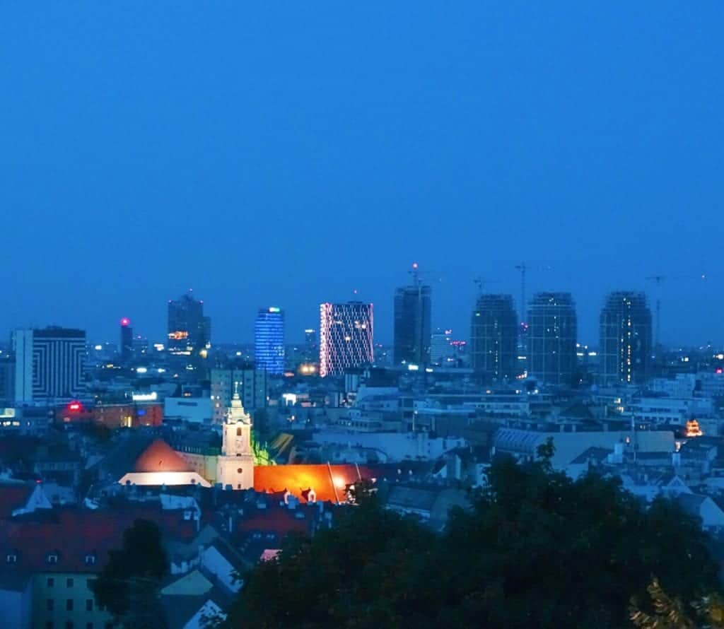 White church and skyscrapers Bratislava