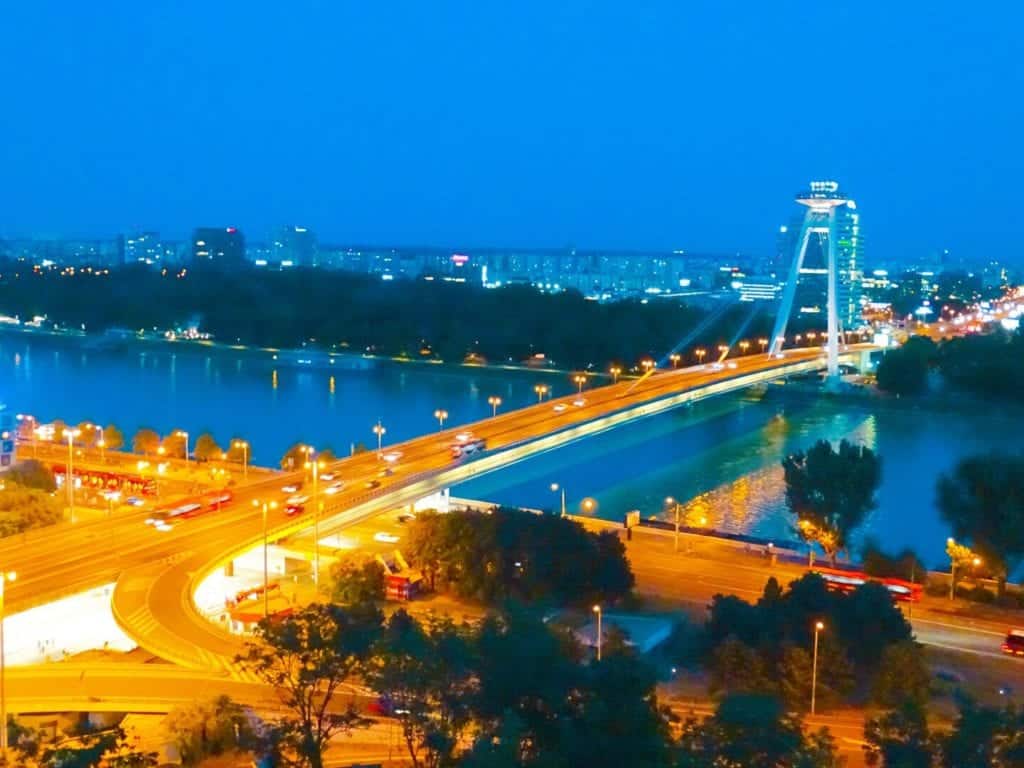 Night view of UFO Bridge Bratislava Slovakia