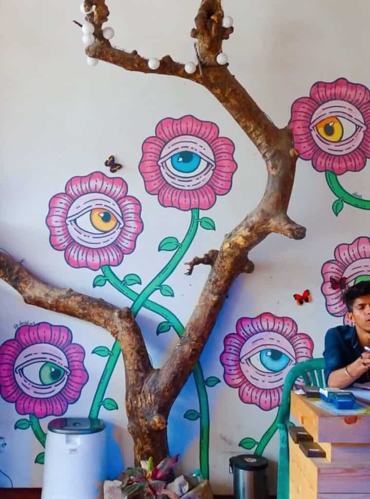 Colourful murals Shanti Shanti Cafe Rishikesh